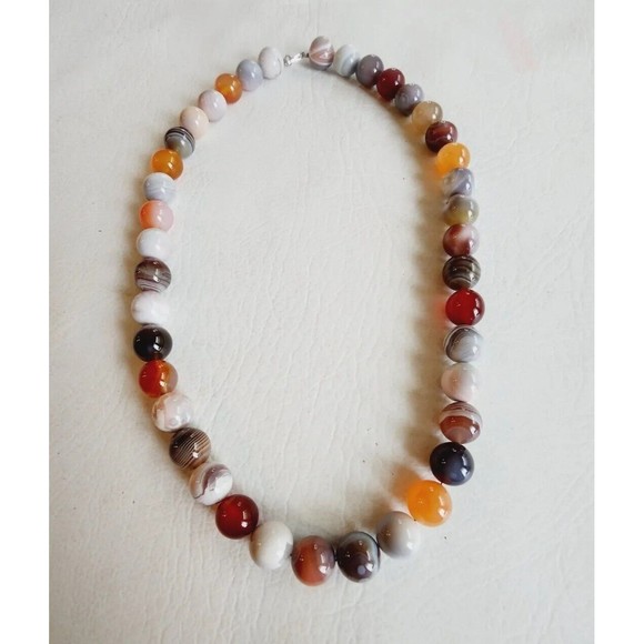 Vintage FP Agate 10mm Beaded Sterling Silver Gemstone Statement Necklace - Picture 4 of 10